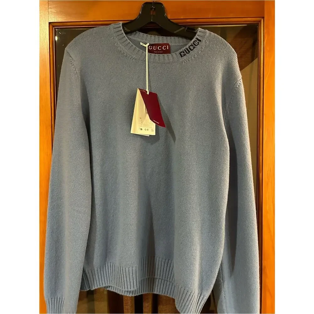 Men's Gucci Light Blue Men's felted wool knit Crewneck Sweater size XL Italy
